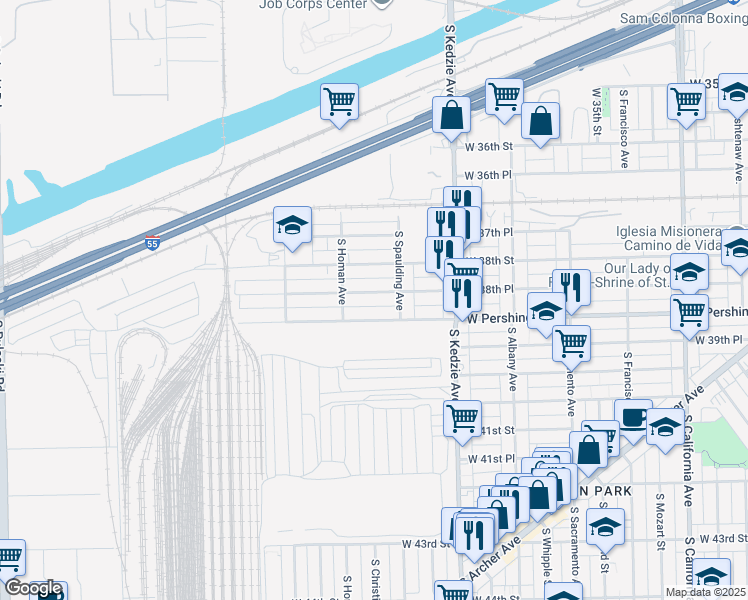 map of restaurants, bars, coffee shops, grocery stores, and more near 3325 West 38th Place in Chicago