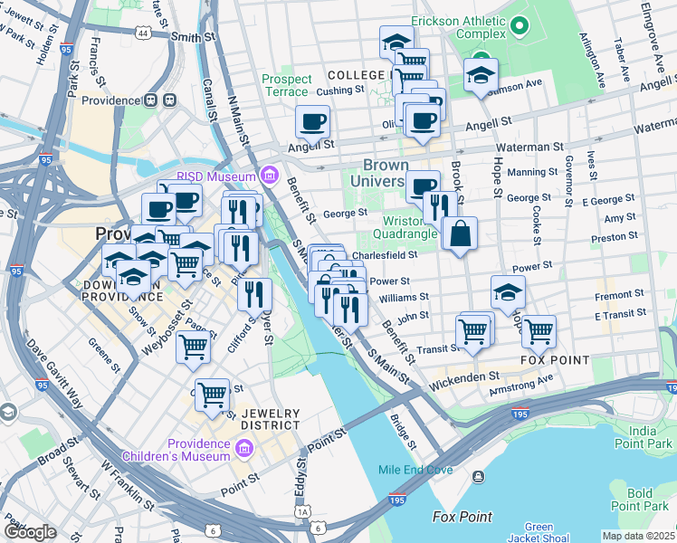 map of restaurants, bars, coffee shops, grocery stores, and more near 30 Power Street in Providence