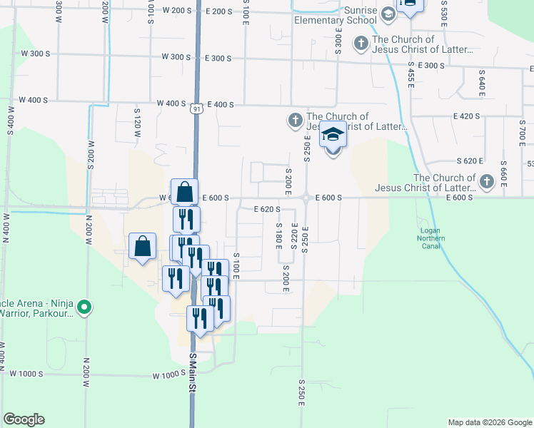 map of restaurants, bars, coffee shops, grocery stores, and more near 651 South 180 East in Smithfield