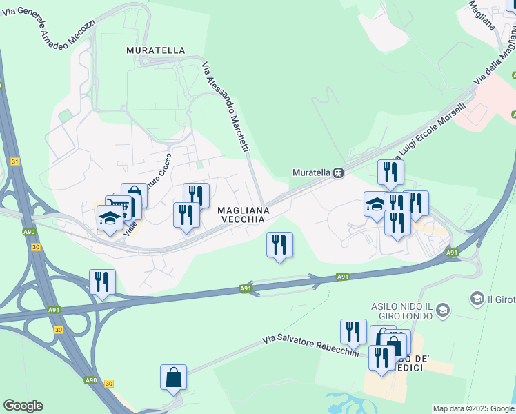 map of restaurants, bars, coffee shops, grocery stores, and more near 858 Via della Magliana in Roma
