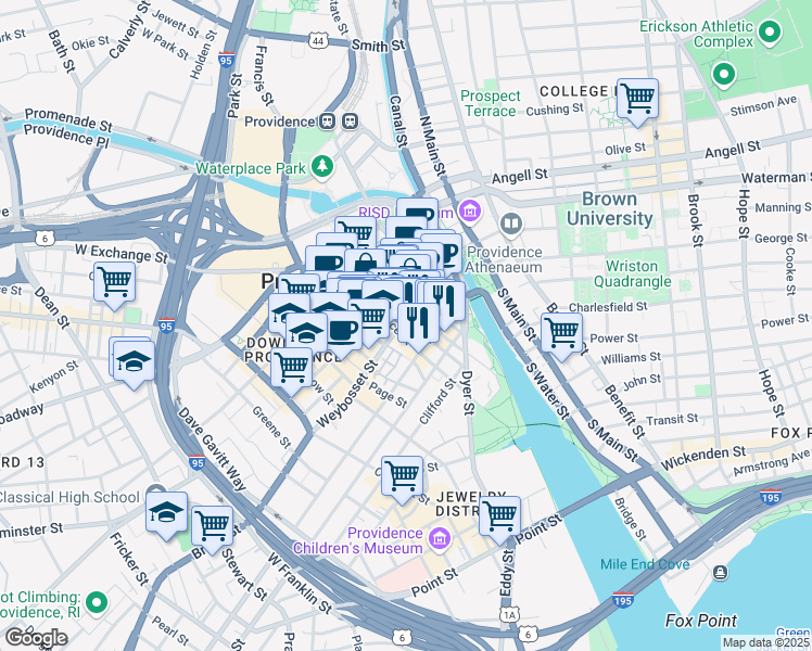 map of restaurants, bars, coffee shops, grocery stores, and more near 61 Orange Street in Providence
