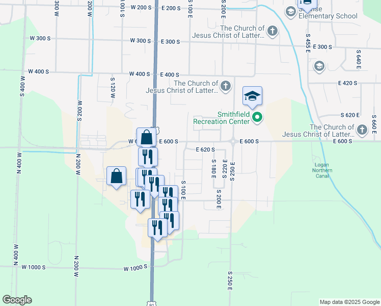 map of restaurants, bars, coffee shops, grocery stores, and more near 118 East 620 South in Smithfield
