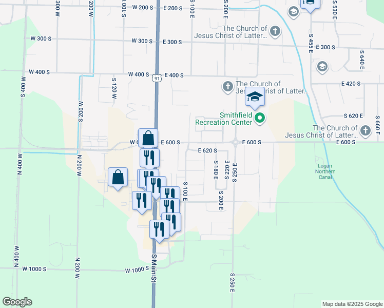 map of restaurants, bars, coffee shops, grocery stores, and more near 118 East 620 South in Smithfield