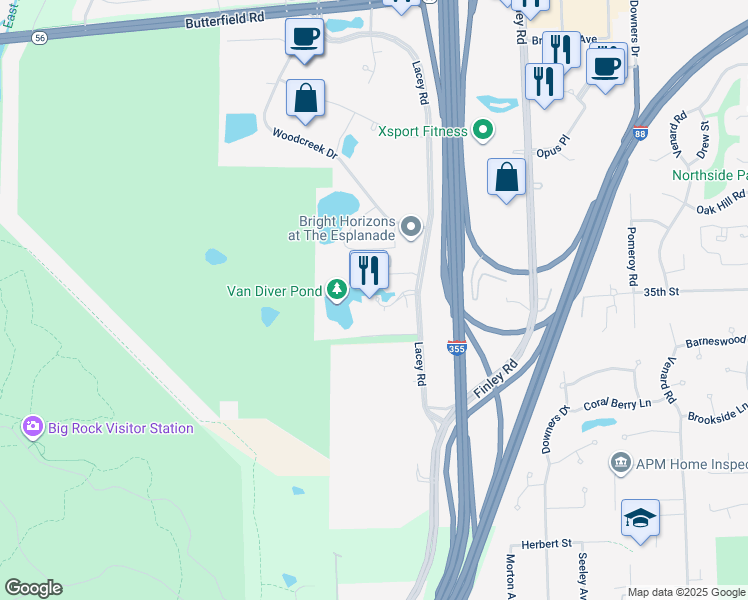 map of restaurants, bars, coffee shops, grocery stores, and more near 3500 Lacey Road in Downers Grove