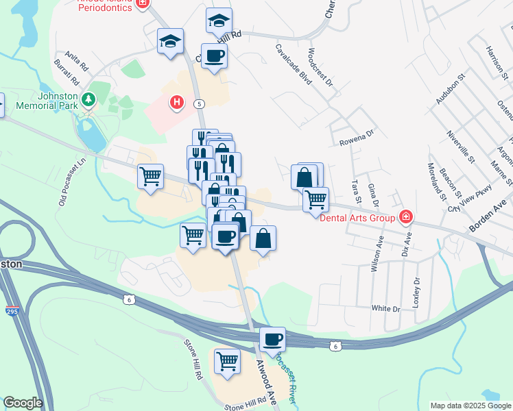 map of restaurants, bars, coffee shops, grocery stores, and more near 1350R Hartford Avenue in Johnston