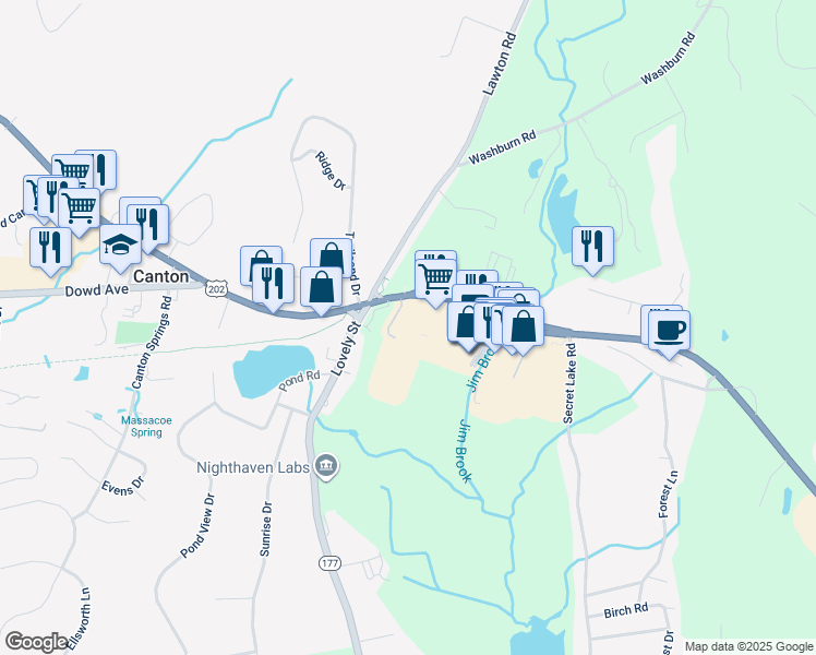 map of restaurants, bars, coffee shops, grocery stores, and more near 104 Albany Turnpike in Canton