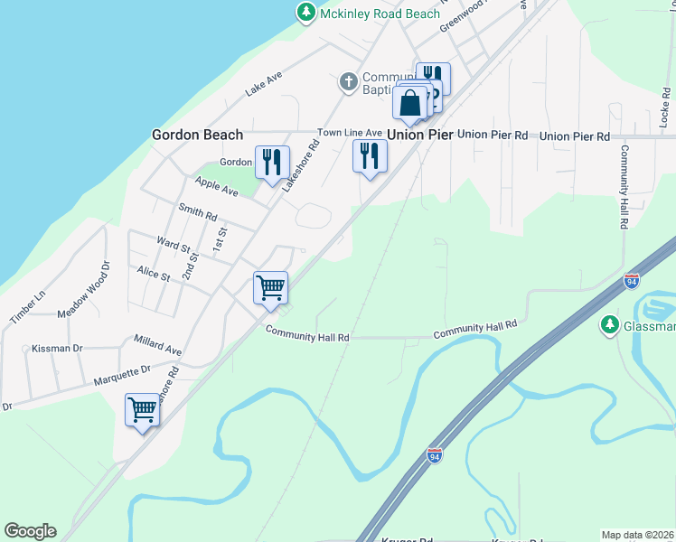 map of restaurants, bars, coffee shops, grocery stores, and more near 16351 Red Arrow Highway in Union Pier