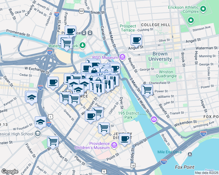map of restaurants, bars, coffee shops, grocery stores, and more near 61 Orange Street in Providence