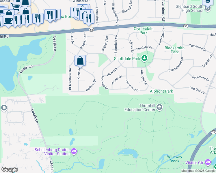map of restaurants, bars, coffee shops, grocery stores, and more near 2315 Appleby Drive in Wheaton