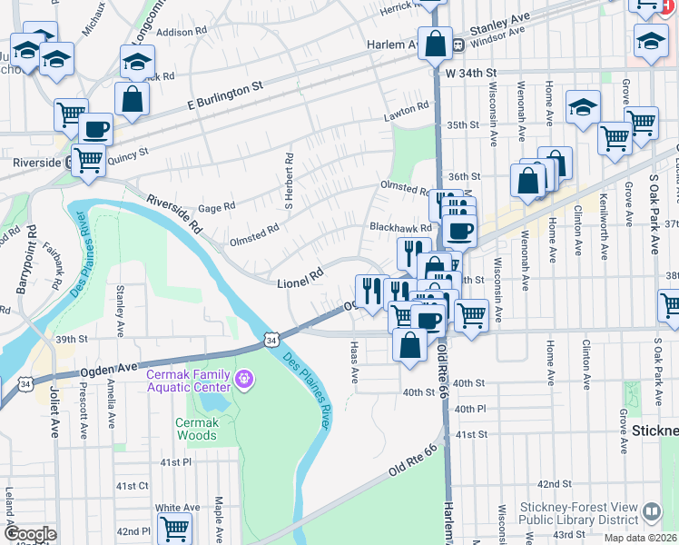 map of restaurants, bars, coffee shops, grocery stores, and more near 3707 Haas Avenue in Riverside