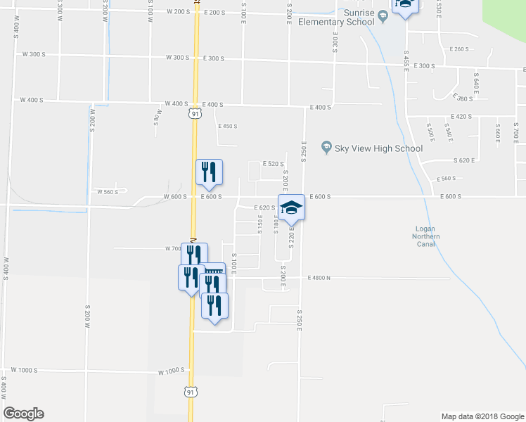 map of restaurants, bars, coffee shops, grocery stores, and more near 630 South 150 East in Smithfield