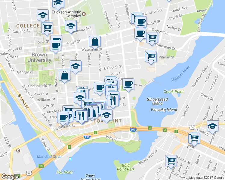 map of restaurants, bars, coffee shops, grocery stores, and more near 308 Williams Street in Providence