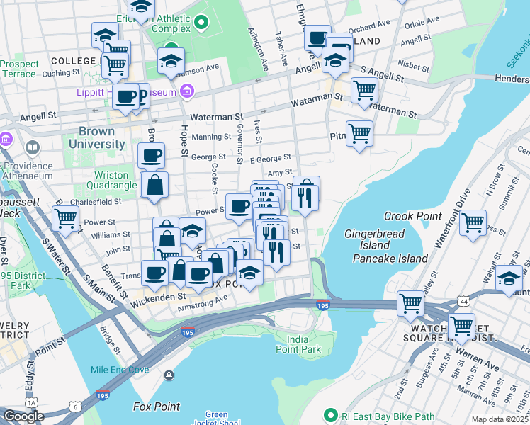 map of restaurants, bars, coffee shops, grocery stores, and more near 308 Williams Street in Providence
