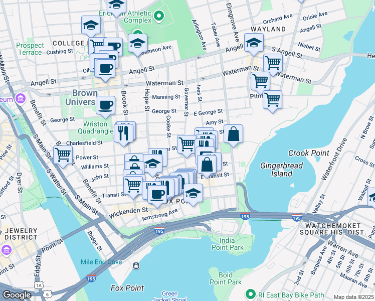 map of restaurants, bars, coffee shops, grocery stores, and more near 83 Governor Street in Providence