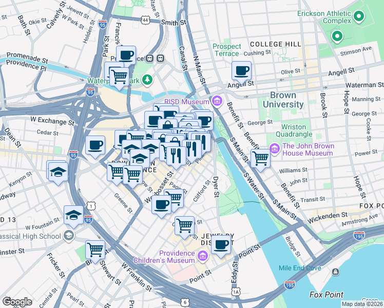 map of restaurants, bars, coffee shops, grocery stores, and more near 61 Orange Street in Providence