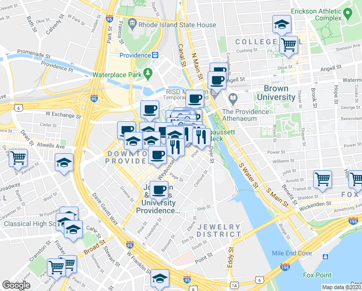 map of restaurants, bars, coffee shops, grocery stores, and more near 61 Orange Street in Providence
