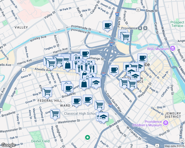 map of restaurants, bars, coffee shops, grocery stores, and more near 23 Newton Street in Providence