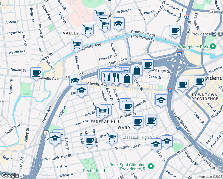 map of restaurants, bars, coffee shops, grocery stores, and more near 74 Sutton Street in Providence
