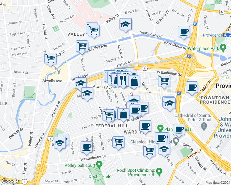 map of restaurants, bars, coffee shops, grocery stores, and more near 74 Sutton Street in Providence