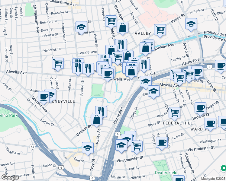 map of restaurants, bars, coffee shops, grocery stores, and more near 41 Tuxedo Avenue in Providence
