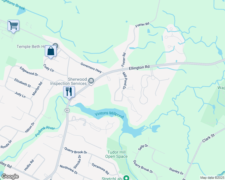 map of restaurants, bars, coffee shops, grocery stores, and more near 1810 Mill Pond Drive in South Windsor