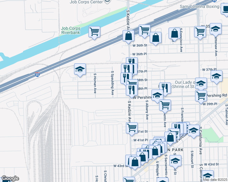 map of restaurants, bars, coffee shops, grocery stores, and more near 3845 South Spaulding Avenue in Chicago