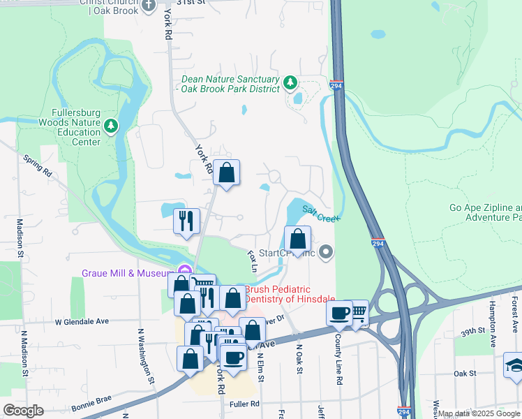 map of restaurants, bars, coffee shops, grocery stores, and more near 1212 Indian Trail Road in Hinsdale