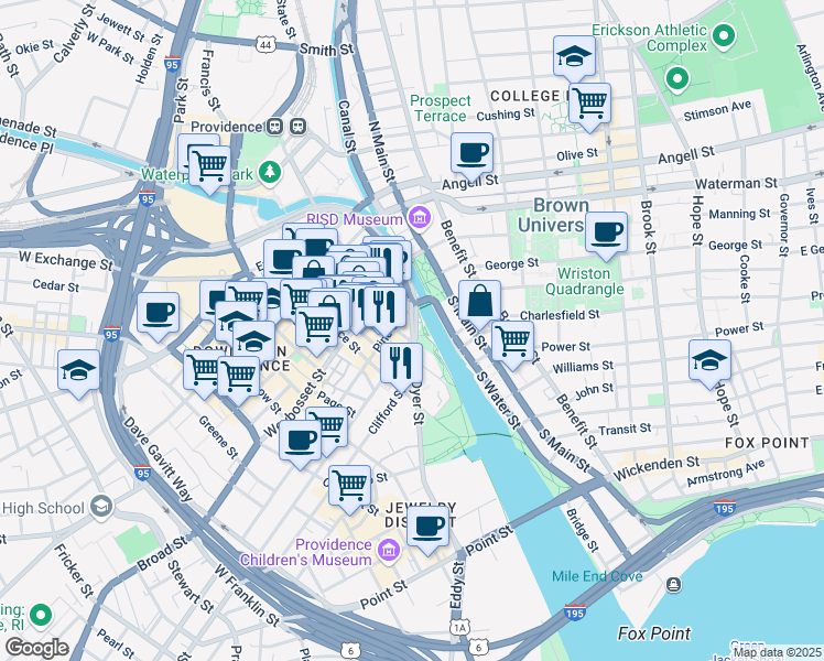 map of restaurants, bars, coffee shops, grocery stores, and more near 117 Dyer Street in Providence
