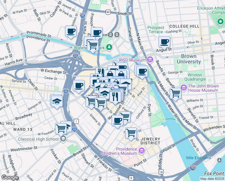 map of restaurants, bars, coffee shops, grocery stores, and more near 126 Union Street in Providence