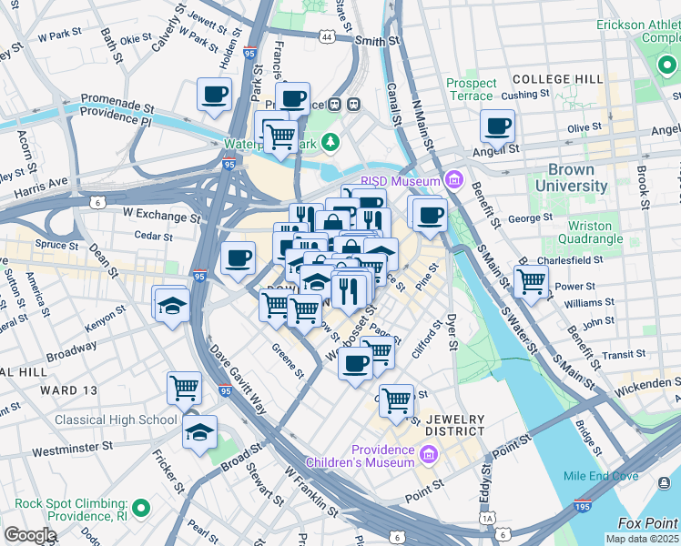 map of restaurants, bars, coffee shops, grocery stores, and more near 126 Union Street in Providence
