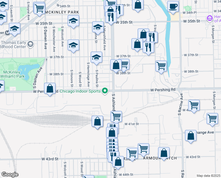 map of restaurants, bars, coffee shops, grocery stores, and more near 3856 South Ashland Avenue in Chicago