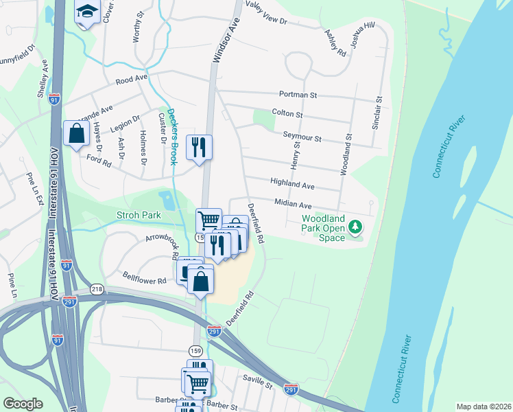 map of restaurants, bars, coffee shops, grocery stores, and more near 204 Deerfield Road in Windsor