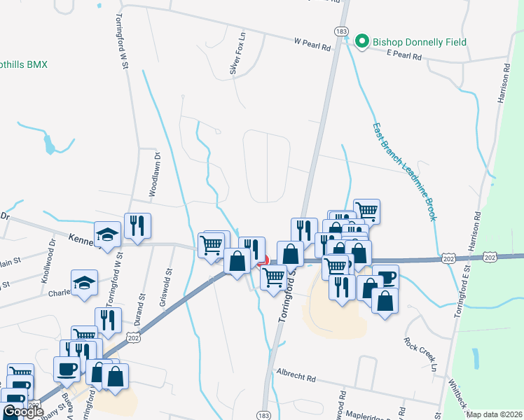 map of restaurants, bars, coffee shops, grocery stores, and more near 1703 East Main Street in Torrington