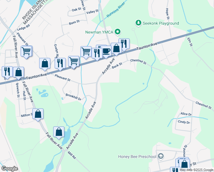 map of restaurants, bars, coffee shops, grocery stores, and more near 632 Arcade Avenue in Seekonk