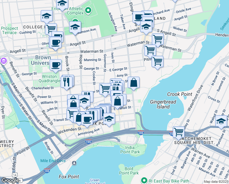 map of restaurants, bars, coffee shops, grocery stores, and more near 186 Ives Street in Providence