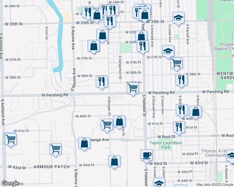 map of restaurants, bars, coffee shops, grocery stores, and more near 957 West Pershing Road in Chicago