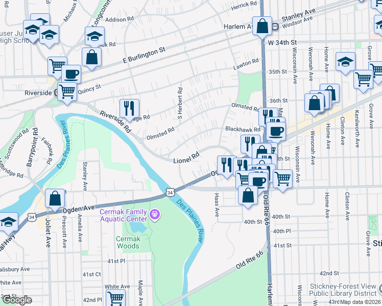 map of restaurants, bars, coffee shops, grocery stores, and more near 271 Lionel Road in Riverside