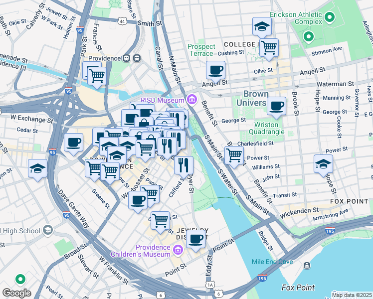 map of restaurants, bars, coffee shops, grocery stores, and more near 117 Dyer Street in Providence