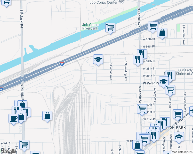 map of restaurants, bars, coffee shops, grocery stores, and more near W 38th Pl & S St Louis Ave in Chicago