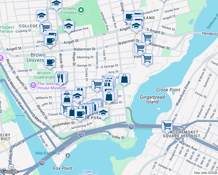 map of restaurants, bars, coffee shops, grocery stores, and more near 308 Williams Street in Providence