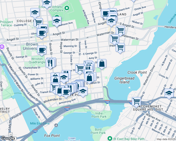 map of restaurants, bars, coffee shops, grocery stores, and more near 308 Williams Street in Providence