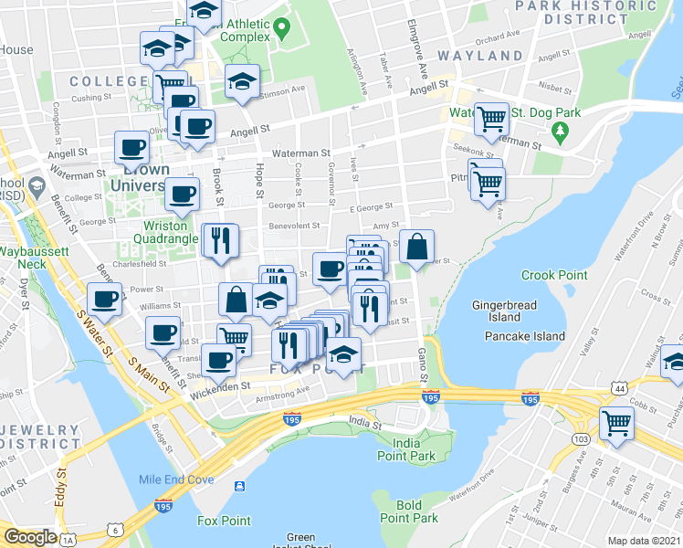 map of restaurants, bars, coffee shops, grocery stores, and more near 83 Governor Street in Providence