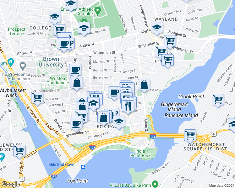 map of restaurants, bars, coffee shops, grocery stores, and more near 83 Governor Street in Providence