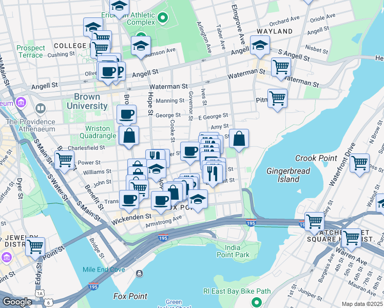 map of restaurants, bars, coffee shops, grocery stores, and more near 83 Governor Street in Providence