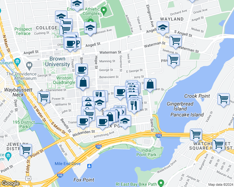map of restaurants, bars, coffee shops, grocery stores, and more near 83 Governor Street in Providence