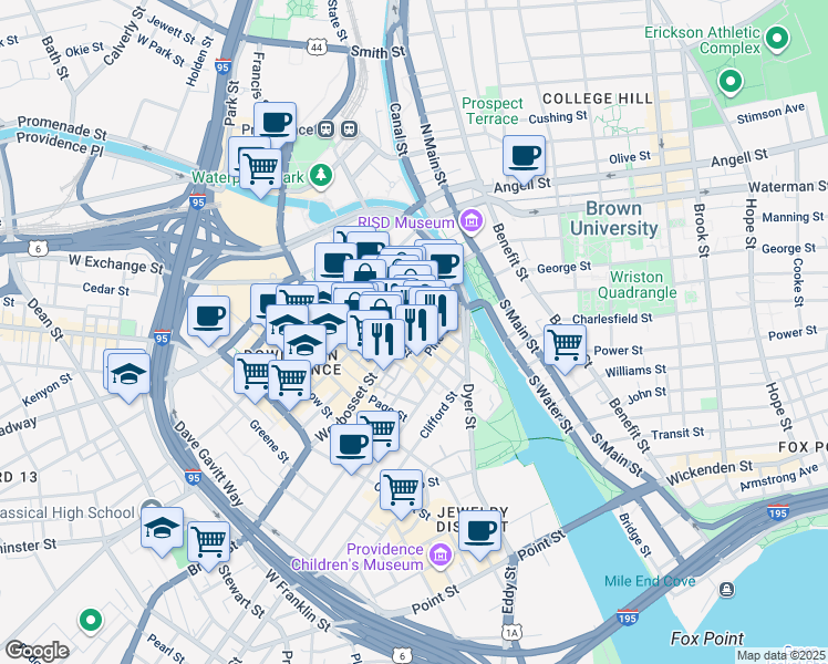 map of restaurants, bars, coffee shops, grocery stores, and more near 61 Orange Street in Providence