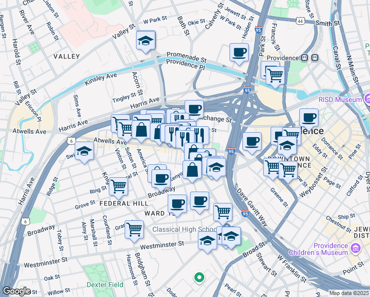 map of restaurants, bars, coffee shops, grocery stores, and more near in Providence