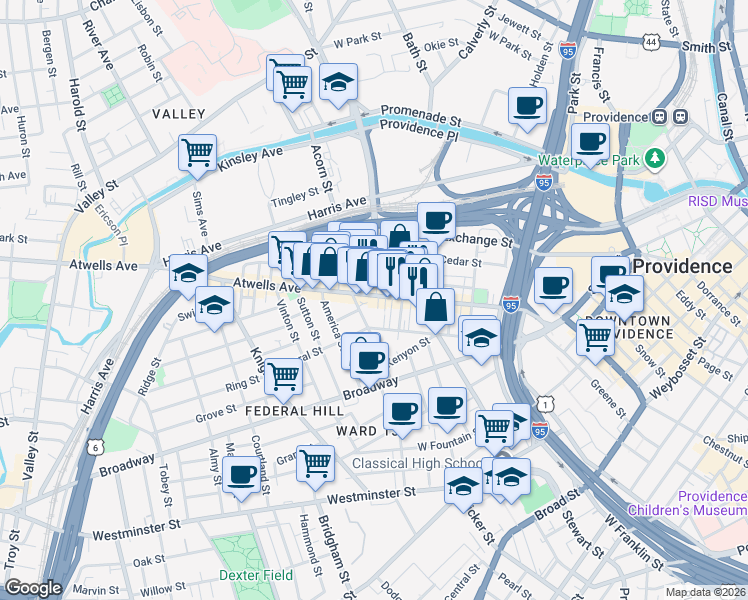 map of restaurants, bars, coffee shops, grocery stores, and more near 17 Messenger Street in Providence
