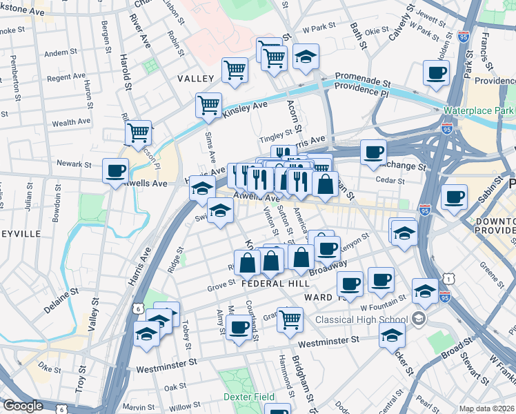 map of restaurants, bars, coffee shops, grocery stores, and more near 33 Vinton Street in Providence