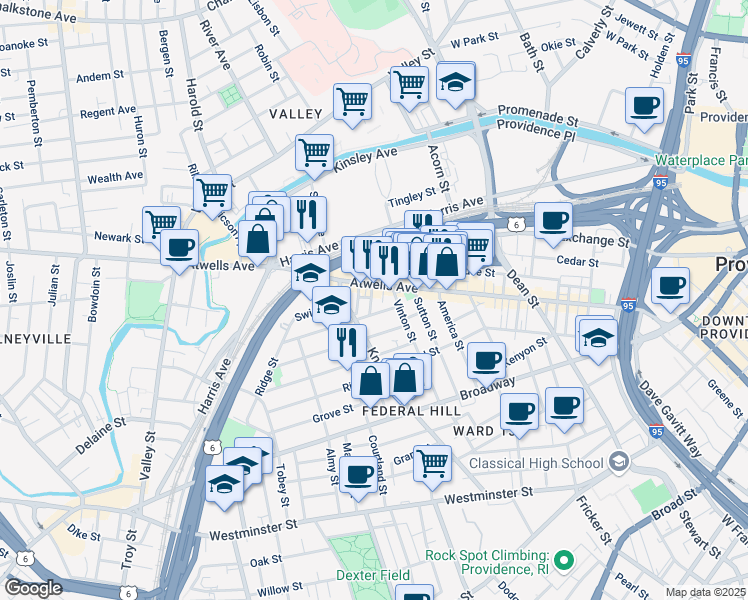map of restaurants, bars, coffee shops, grocery stores, and more near 45 Gesler Street in Providence